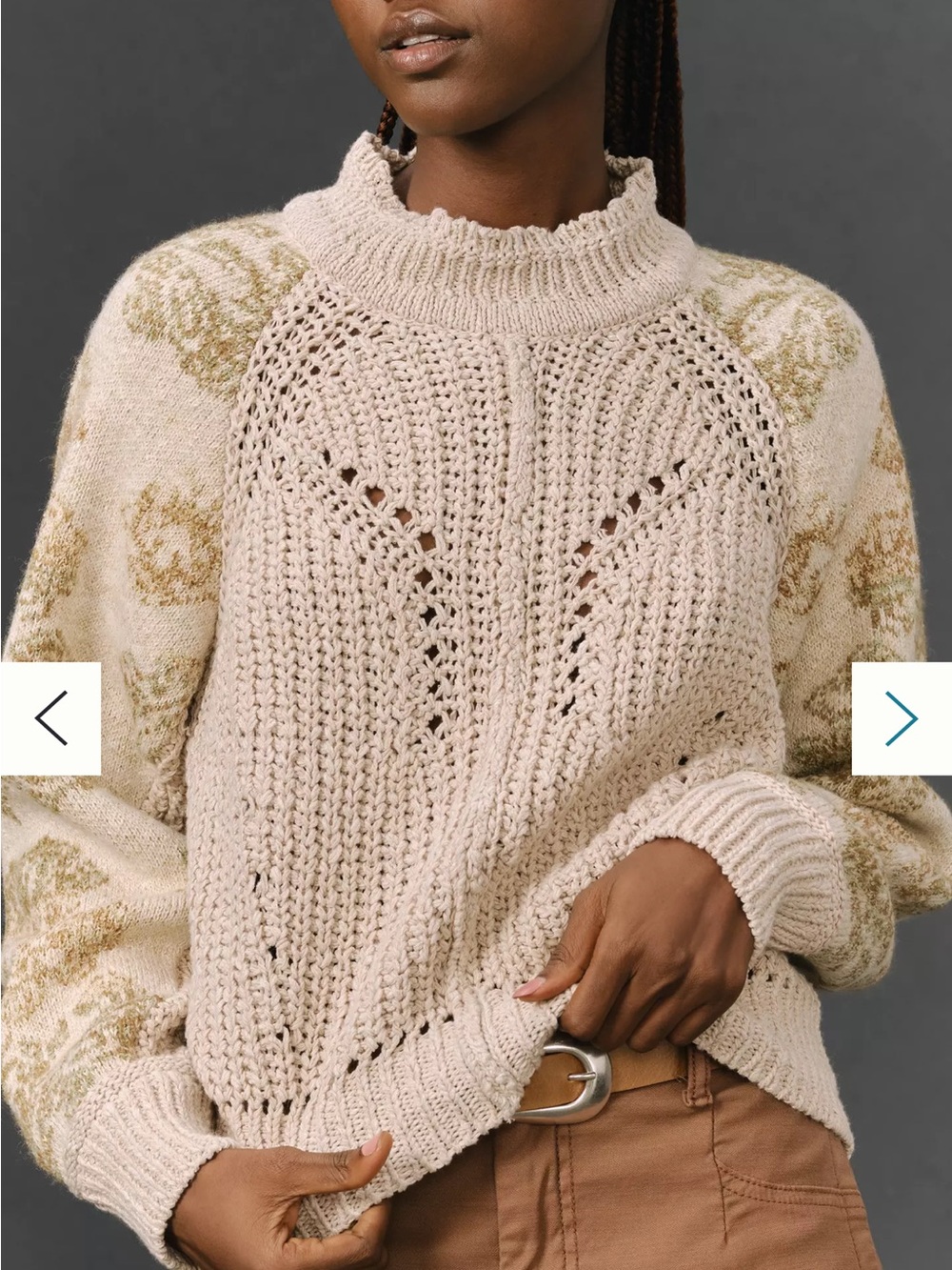Anthropology Mock Neck pattern Woman’s Cream Open-Knit Crewneck Sweater